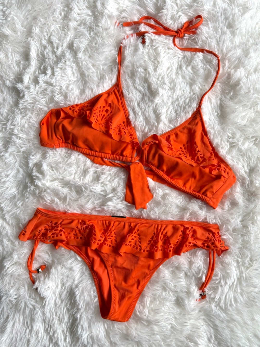 Zingara Orange Ruffle Bikini Set Lace Detail Tie 2 Piece Swimsuit